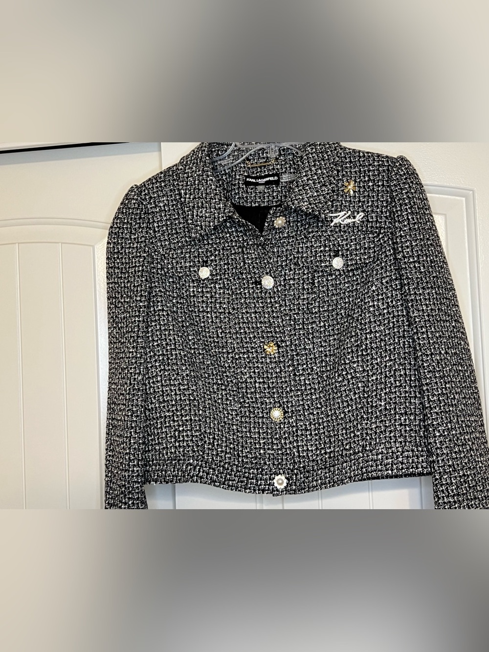 Karl Lagerfeld Black & White Tweed Blazer with Decorative Buttons